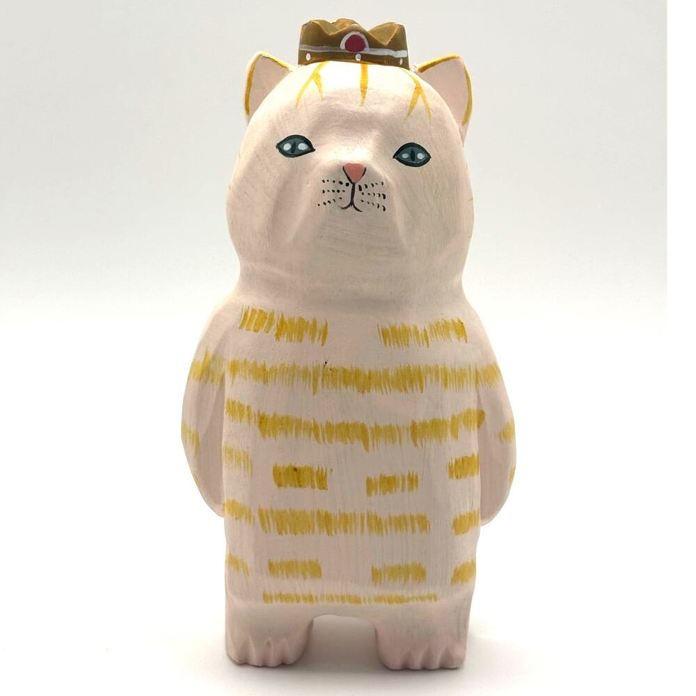 Hand Carved, Handmade Wooden Peach Tabby Cat Figurine with Crown, 4.5" Tall